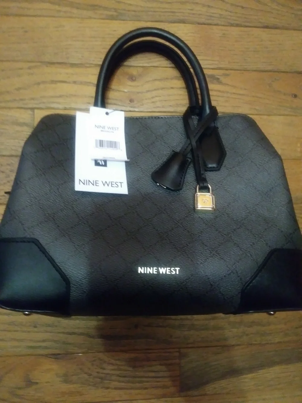 NWT Nine West Black Textured Satchel with Gold Accent Hardware